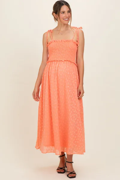 PinkBlush Peach Shoulder Tie Maternity Midi Dress