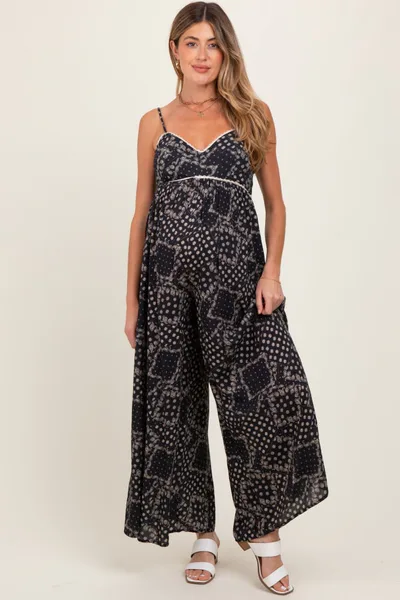PinkBlush Black Paisley Printed Wide Relaxed Fit Maternity Jumpsuit