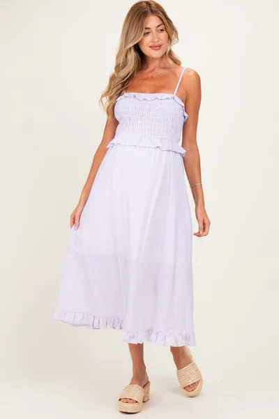 PinkBlush Lavender Striped Smocked Ruffle Accent Maternity Midi Dress