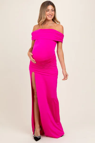 PinkBlush Fuchsia Foldover Off Shoulder Ruched High Slit Maternity Maxi Dress