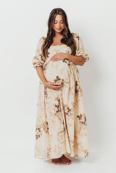 Worth Collective Mona Maxi Dress with Smocking in Cream/Beige Floral - Bump Friendly