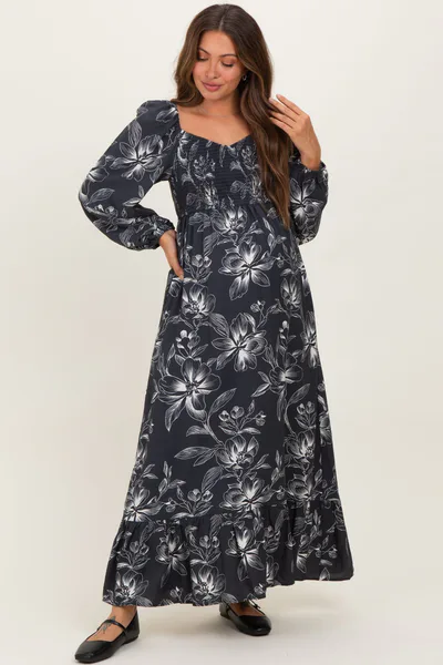 PinkBlush Charcoal Floral Smocked Long Sleeve Maternity Maxi Dress