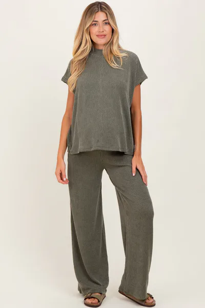 PinkBlush Olive Textured Rib Mock Neck Short Sleeve Pant Maternity Set