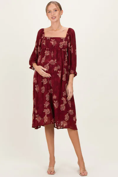 PinkBlush Burgundy Floral Textured Maternity Midi Dress