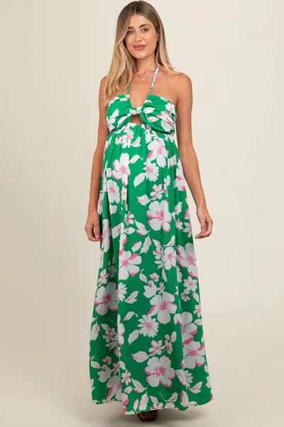 PinkBlush Green Floral Halter Neck Maternity Maxi Dress
