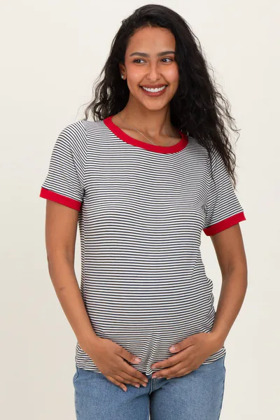 PinkBlush Ivory Red Trimmed Striped Maternity Top