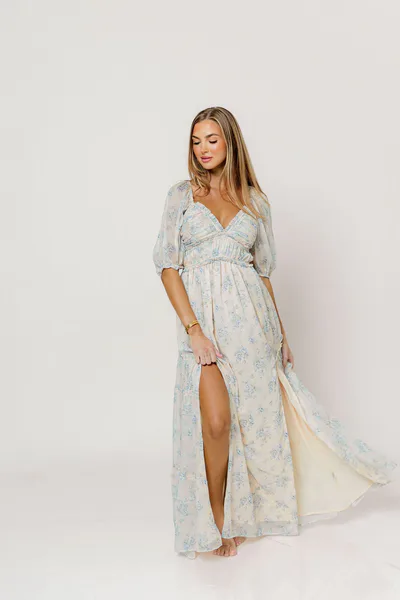 Worth Collective Daphne Maxi Dress in Peach/Blue Floral - Bump Friendly