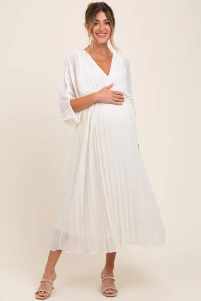 PinkBlush Cream Pleated V Neck Maternity Maxi Dress