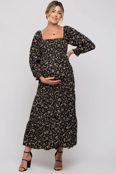 PinkBlush Black Floral Smocked Long Sleeve Maternity Maxi Dress
