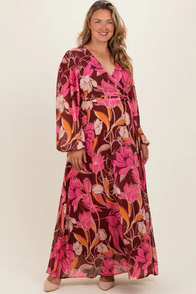 PinkBlush Burgundy Floral Deep V-Neck Maternity Plus Maxi Dress