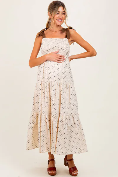 PinkBlush Cream Polka Dot Tiered Shoulder Tie Maternity Midi Dress
