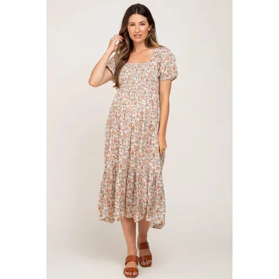 Target PinkBlush Taupe Floral Smocked Puff Sleeve Maternity Midi Dress Taupe Large