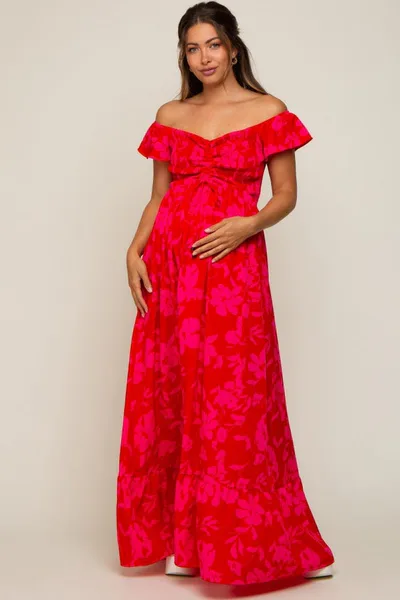 PinkBlush Red Floral Smocked Cinched Top Maternity Maxi Dress