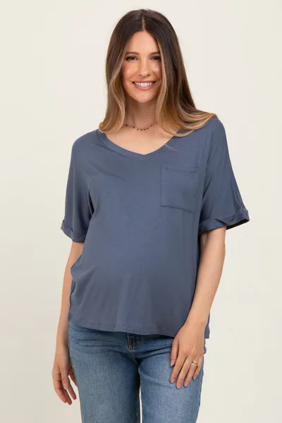 PinkBlush Dark Blue Oversized V-Neck Front Pocket Maternity T-Shirt