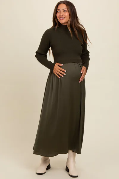 PinkBlush Olive Knit Contrast Top Satin Maternity Midi Dress