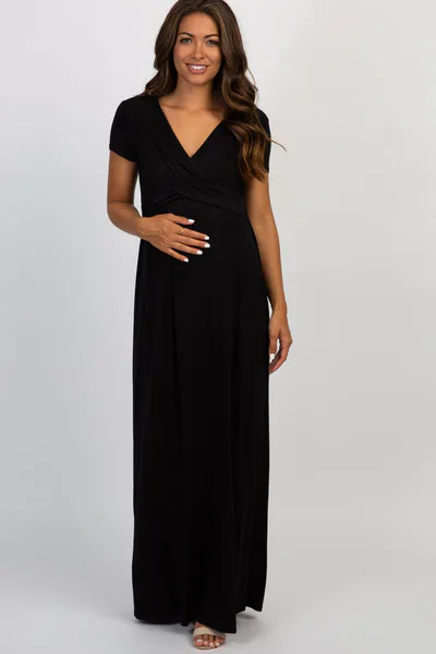 PinkBlush PinkBlush Black Draped Maternity/Nursing Maxi Dress