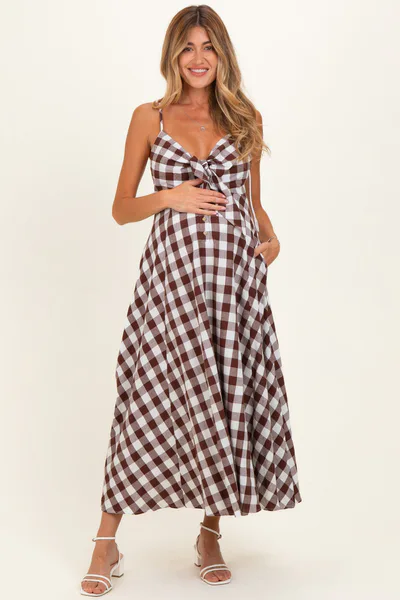PinkBlush Chocolate Gingham Tie Front Racerback Maternity Midi Dress