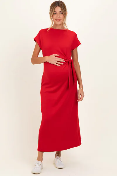 PinkBlush Red Side Tie Short Sleeve Maternity Midi Dress