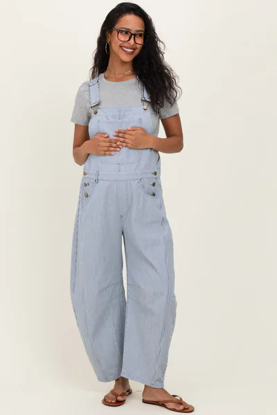 PinkBlush Blue Pinstriped Barrel-Leg Maternity Overalls