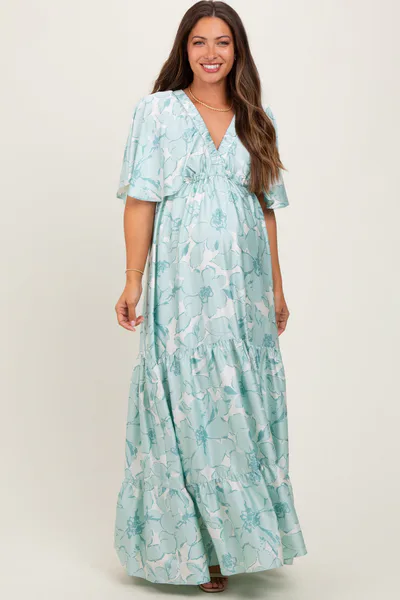 PinkBlush Sage Floral Short Sleeve Deep V-Neck Tiered Maternity Maxi Dress
