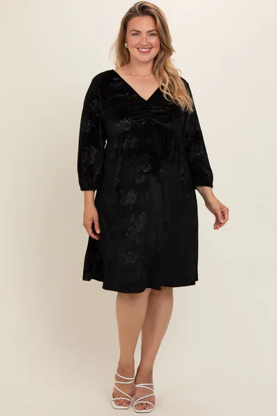 PinkBlush Black Velvet Floral Ruched Neck Plus Maternity Dress