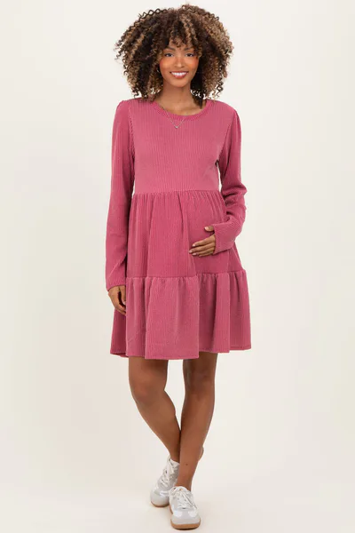 PinkBlush Dark Mauve Textured Rib Tiered Long Sleeve Maternity Dress