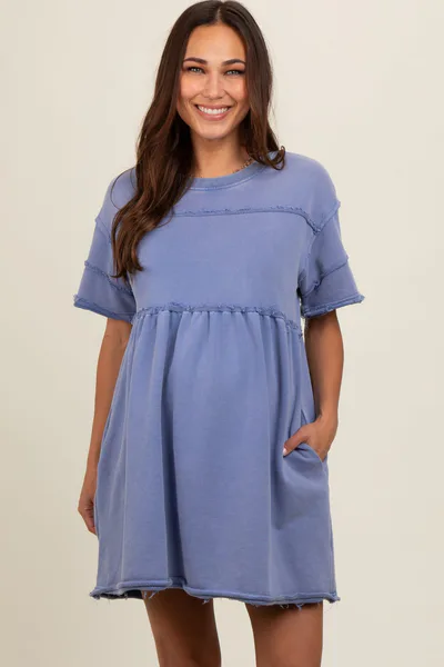 PinkBlush Blue Raw Hem Maternity Short Sleeve Dress