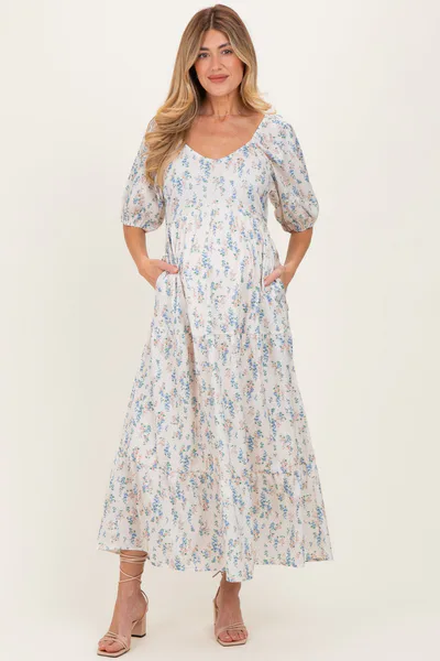 PinkBlush Cream Floral Puff Sleeve Tiered Maternity Maxi Dress
