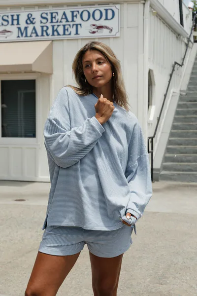 Worth Collective Naomi Striped Oversized Fleece Long Sleeve Top in Micro Nantucket Blue - Bump Friendly