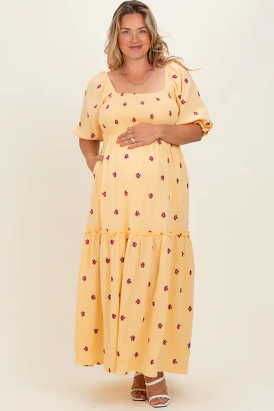PinkBlush Yellow Floral Smocked Puff Sleeve Plus Maternity Maxi Dress