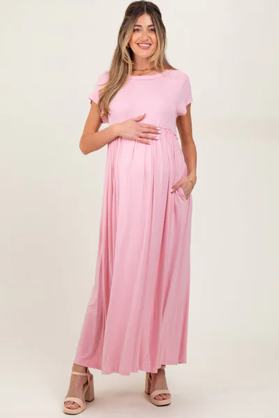 PinkBlush Light Pink Short Sleeve Pocketed Maternity Maxi Dress