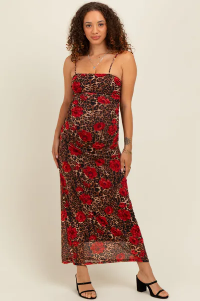PinkBlush Brown Leopard Floral Mesh Ruched Sleeveless Maternity Maxi Dress
