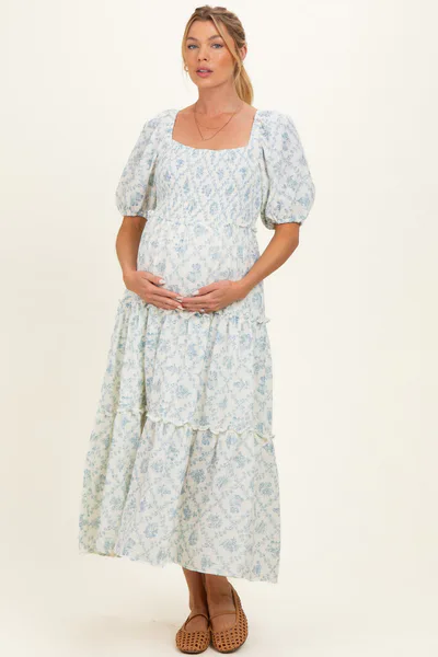 PinkBlush Blue Floral Puff Sleeve Ruffle Tiered Maternity Maxi Dress