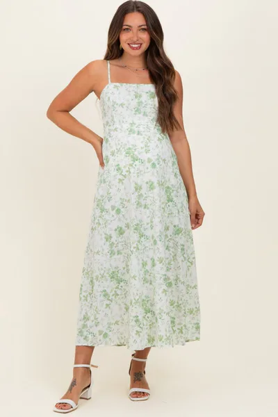 PinkBlush Light Green Floral Sleeveless Maternity Midi Dress