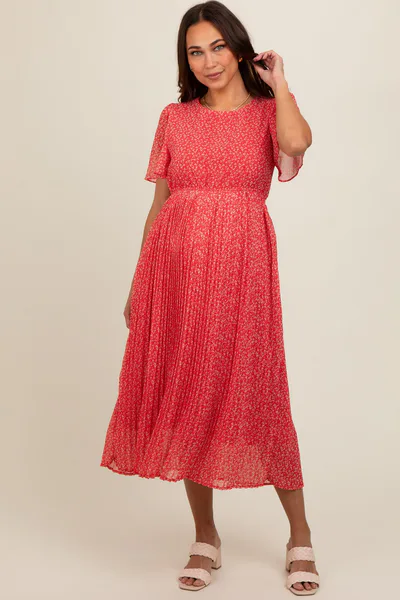 PinkBlush Red Ditsy Floral Pleated Maternity Midi Dress