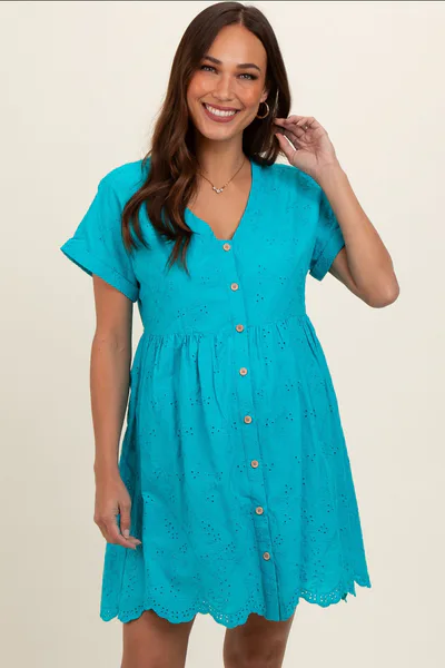 PinkBlush Turquoise Eyelet Button Front Short Sleeve Maternity Dress