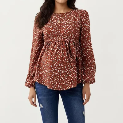 Target Anna-Kaci Women's Maternity Long Sleeve Floral Babydoll Top – Empire Waist Peplum Shirt - Medium, Brown