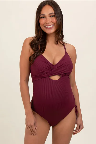 PinkBlush Plum Ribbed Wrap Front Drawstring Side Maternity One-Piece Swimsuit