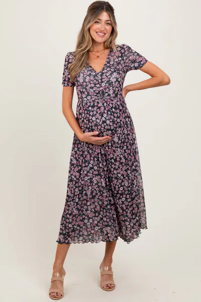 PinkBlush Black Floral Reversible Front Cinched Maternity Midi Dress