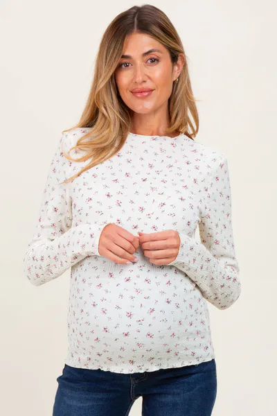 PinkBlush Ivory Floral Crinkled Texture High Neck Maternity Long Sleeve