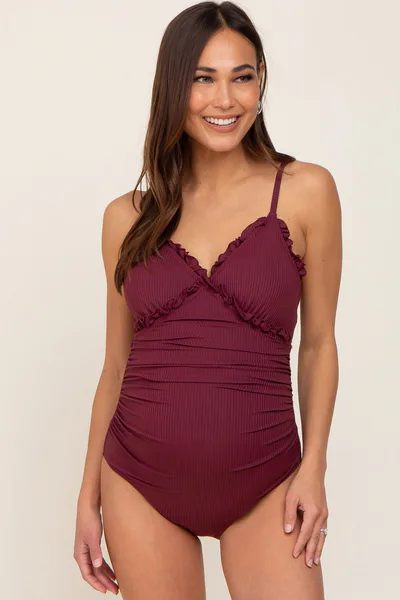 PinkBlush Plum Ribbed Ruffle Ruched Maternity One Piece Swimsuit