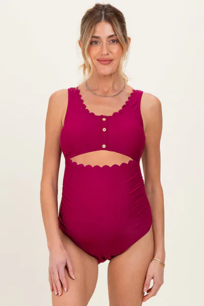 PinkBlush Magenta Scalloped Cutout Ruched Maternity One Piece Swimsuit