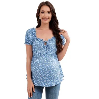 Target Women's Maternity Shirts Summer Square Neck Short Sleeve Pregnancy Tops Ruffle Tied T-Shirts Pregnancy Blouses Blue Floral S
