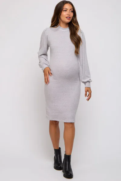 PinkBlush Heather Grey Ribbed Long Sleeve Mock Neck Maternity Dress
