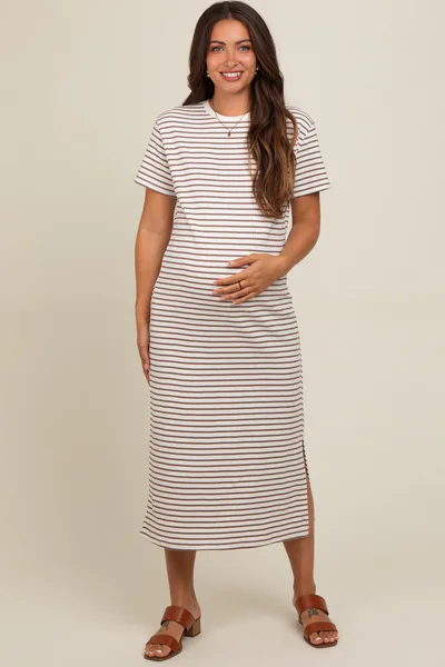 PinkBlush Cream Striped Short Sleeve Maternity T-Shirt Midi Dress