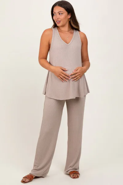 PinkBlush Taupe Rib Knit Tank and Pant Maternity Set