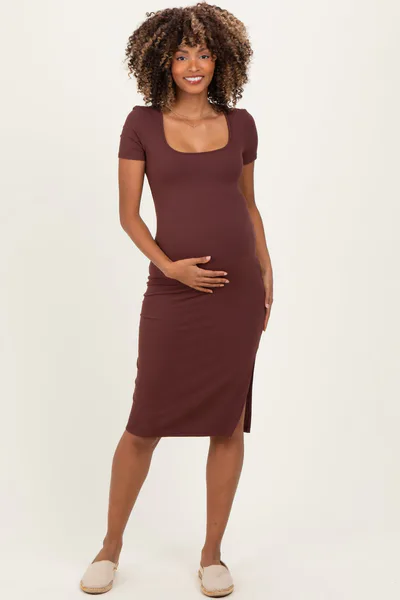 PinkBlush Brown Square Neck Side Slit Maternity Midi Dress