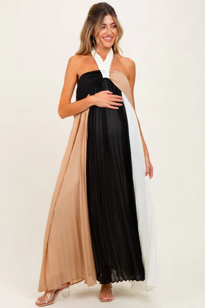 PinkBlush Taupe Colorblock Pleated Halter Neck Maternity Maxi Dress