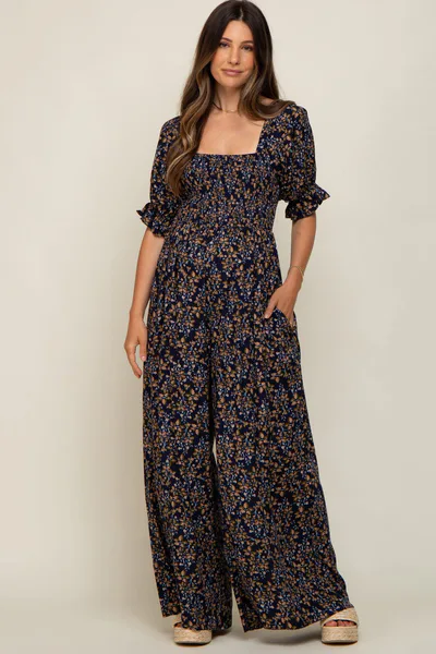 PinkBlush Navy Floral Smocked Maternity Jumpsuit