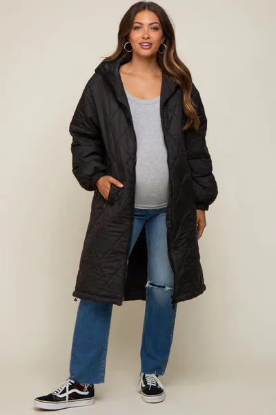 PinkBlush Black Quilted Long Maternity Puffer Jacket